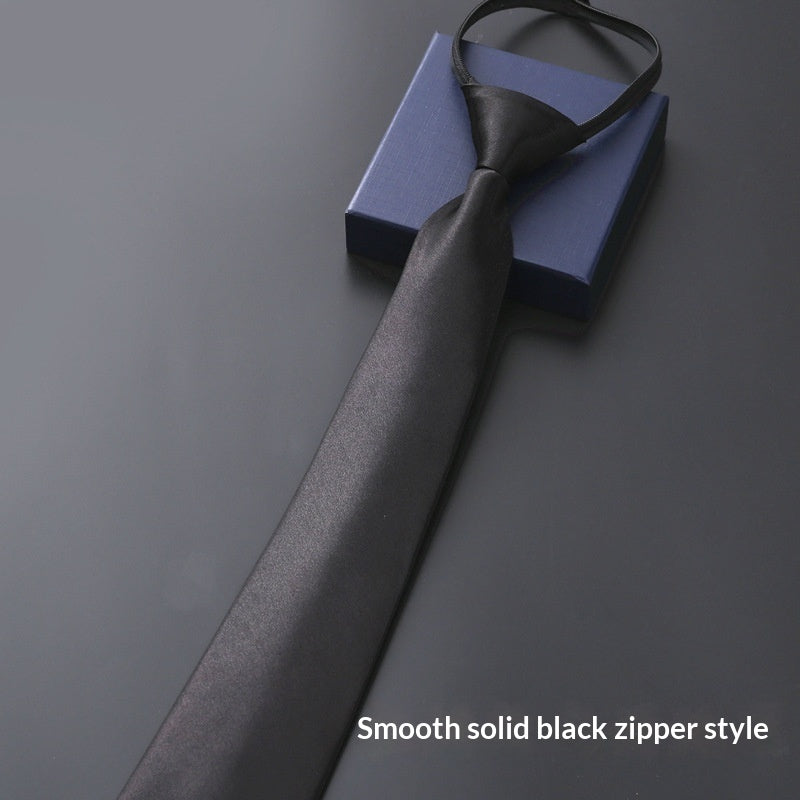 Mens Business Formal Zipper Tie With Blue Stripes - Glossy Black Handmade