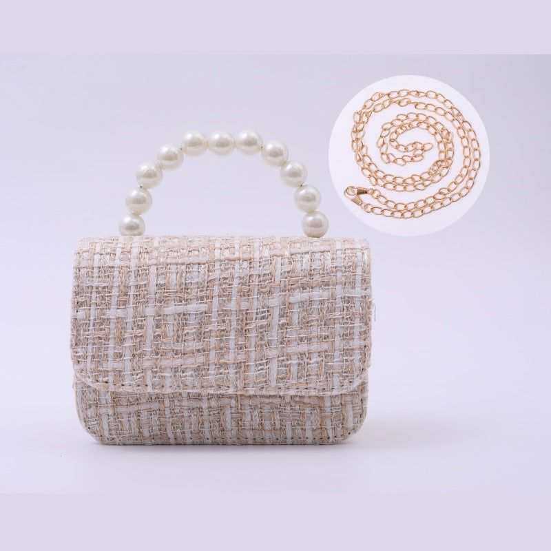 Linen Pearl-Handled Tote Bag for Kids - PU Cotton Geometric - Light Khaki