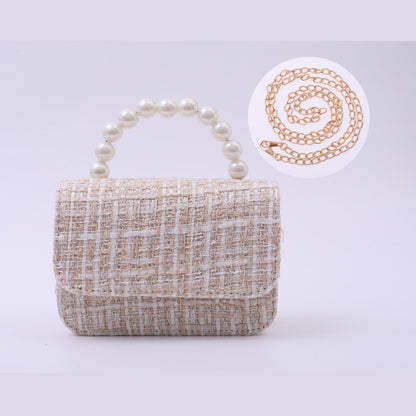 Linen Pearl-Handled Tote Bag for Kids - PU Cotton Geometric - Light Khaki