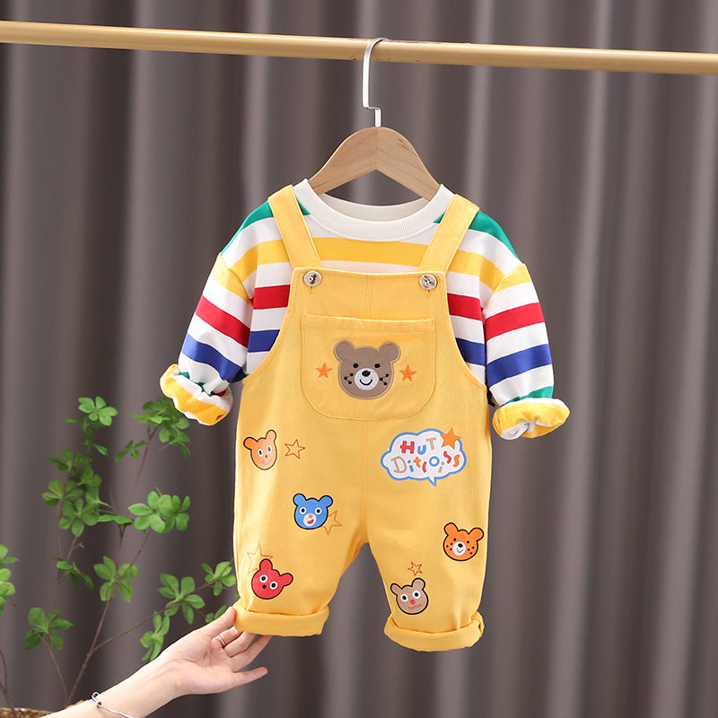 Boys' Plaid Shirt and Overalls 2-Piece Cotton Suit Set - Yellow / 100cm
