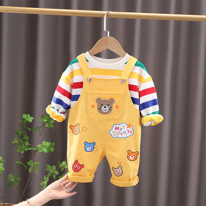 Boys' Plaid Shirt and Overalls 2-Piece Cotton Suit Set - Yellow / 100cm