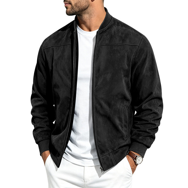 Suede Long-sleeve Zip-up Jacket - Black / 2XL
