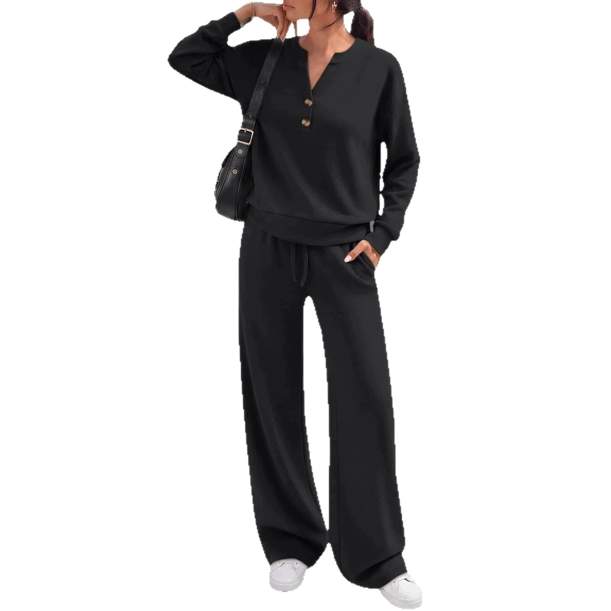 Women Loose Long-sleeve Top And Wide-leg Pants Casual Two-piece Set - Apricot color / L