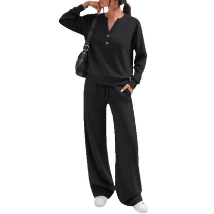 Women Loose Long-sleeve Top And Wide-leg Pants Casual Two-piece Set - Apricot color / L