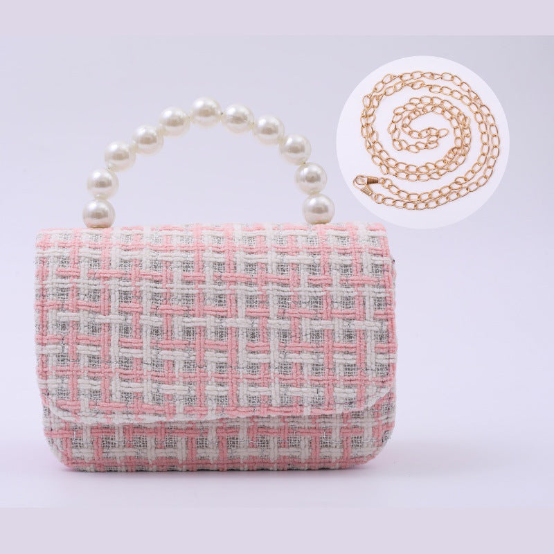 Linen Pearl-Handled Tote Bag for Kids - PU Cotton Geometric - Pink