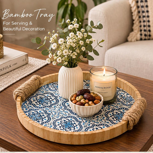 Handcrafted Elegance | Blue & White Bamboo Tray - Bamboo