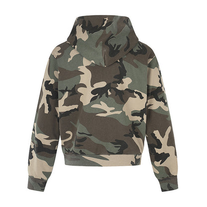 American-style Vintage-print Zip-up Cropped Hoodie - Camouflage Color / L