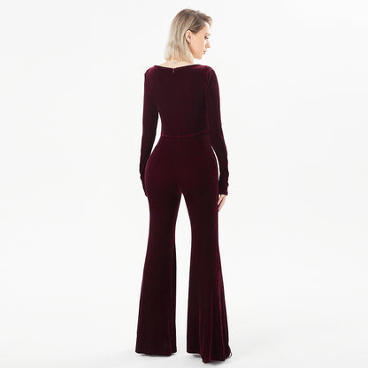 Women's Long Sleeve Velvet Fashion Jumpsuit - Blue / L