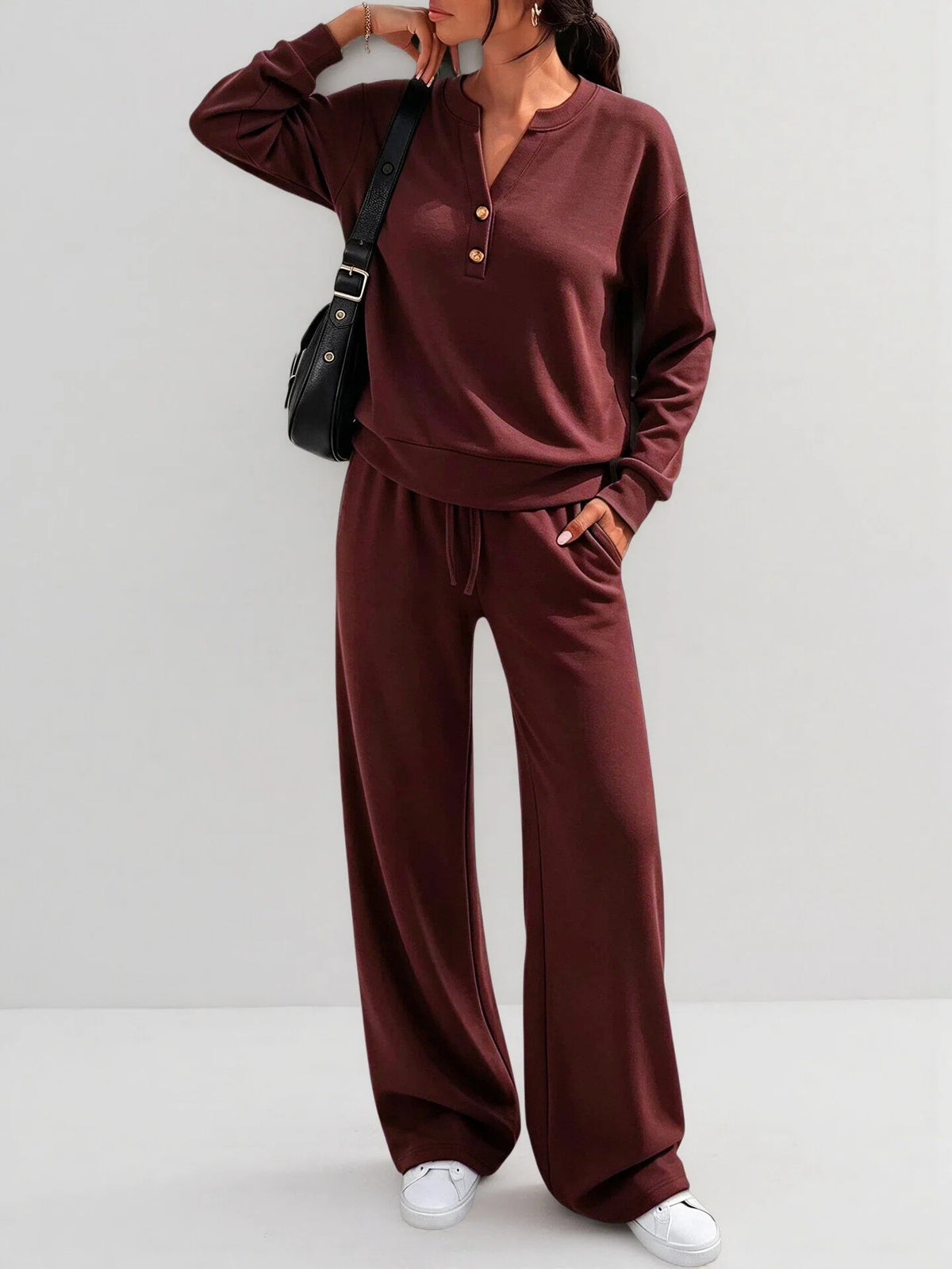 Women Loose Long-sleeve Top And Wide-leg Pants Casual Two-piece Set - Maroon red / L