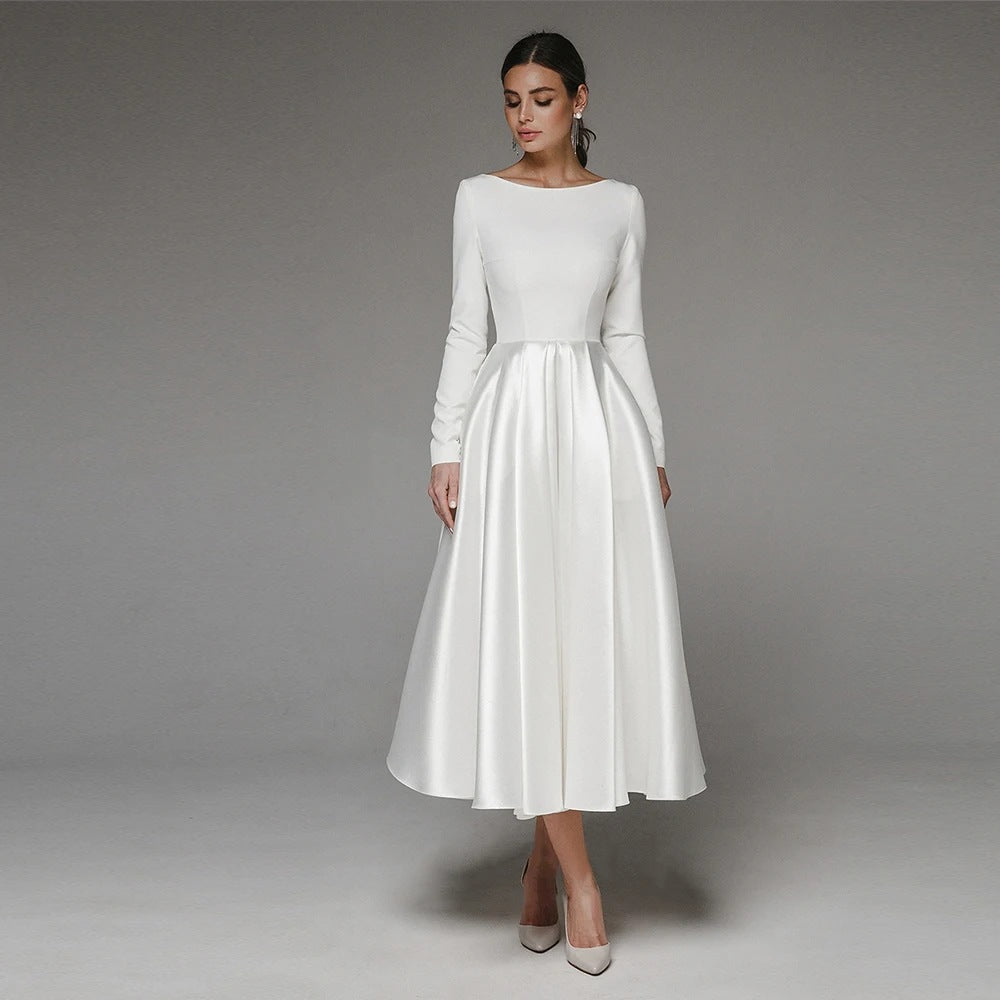 Lightweight Wedding Dress Midi-length Long-sleeve Bridal Gown - Ivory White / 16W