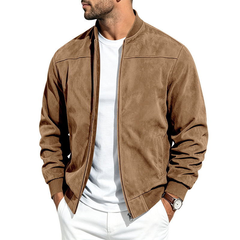 Suede Long-sleeve Zip-up Jacket - Camel / 2XL