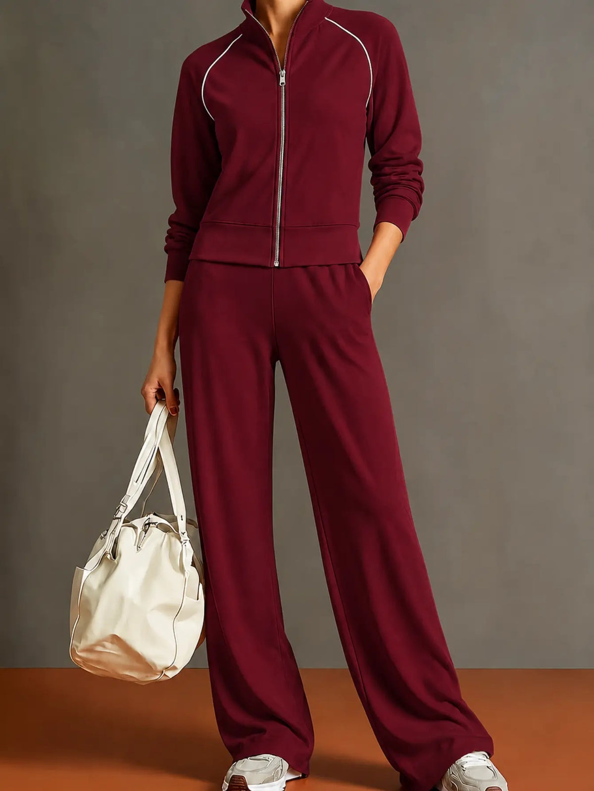 Women’s Zip-Up Lounge Set – Relaxed Fit Tracksuit - Wine Red / 2XL