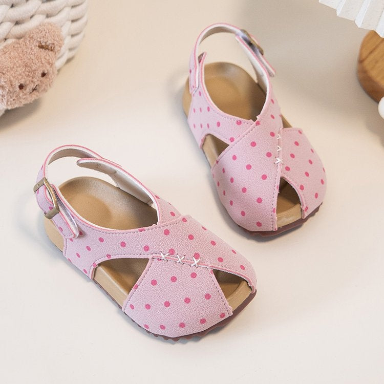 Kids Polka Dot Summer Roman Sandals | Soft Sole Flats - Pink / 23