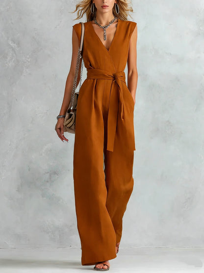 Women's Fashion New cross border V-Neck Wide-Leg Sleeveless Belted Women's Jumpsuit - Bronze / 2XL