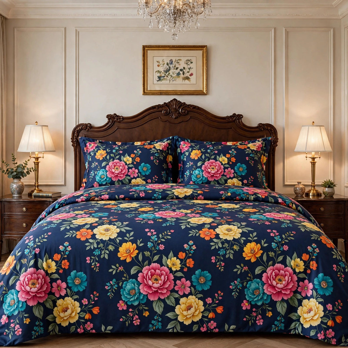 Premium Dark Floral Printed Duvet Cover Set – 4 Piece