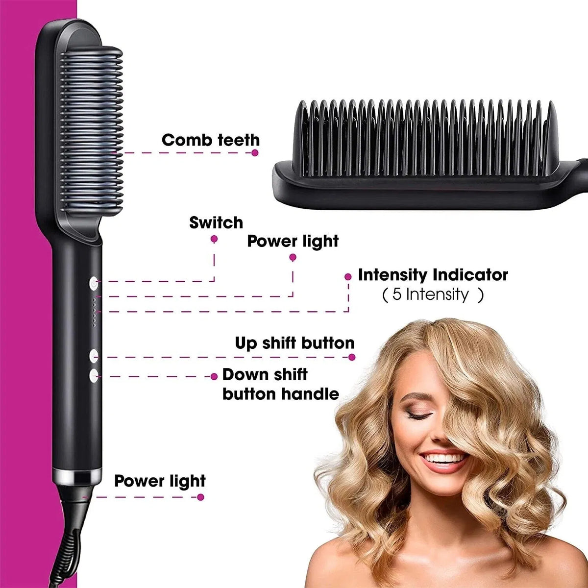 Electric Hair Straightener Brush & Hot Comb - Black