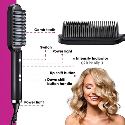 Electric Hair Straightener Brush & Hot Comb - Black