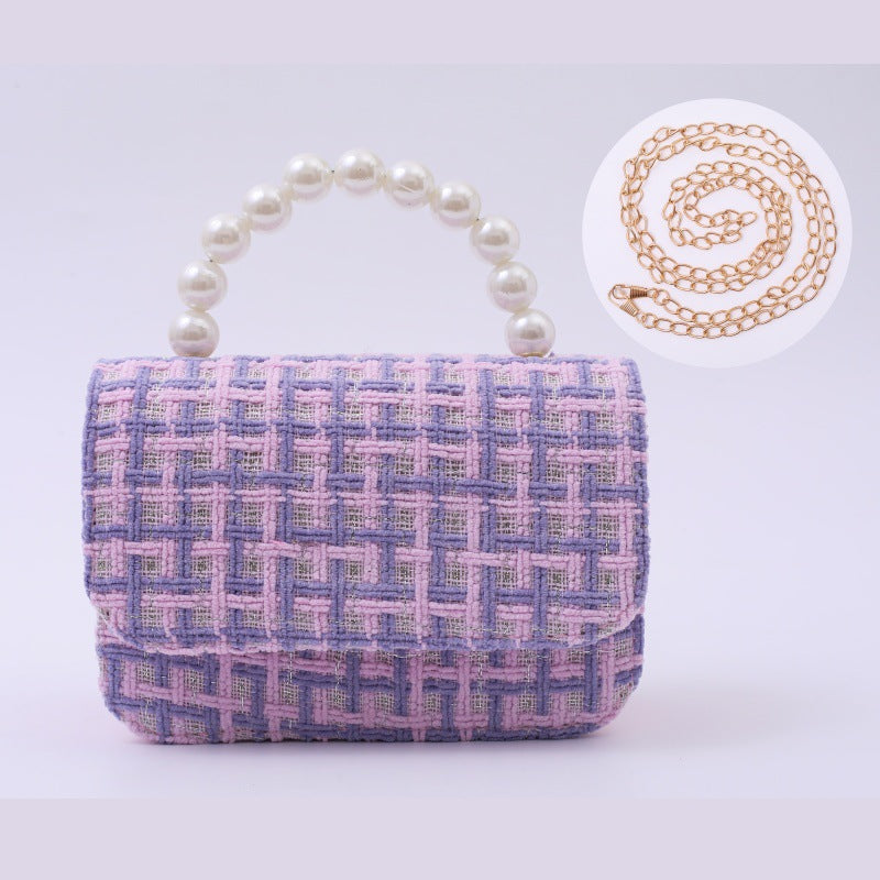 Linen Pearl-Handled Tote Bag for Kids - PU Cotton Geometric - Purple