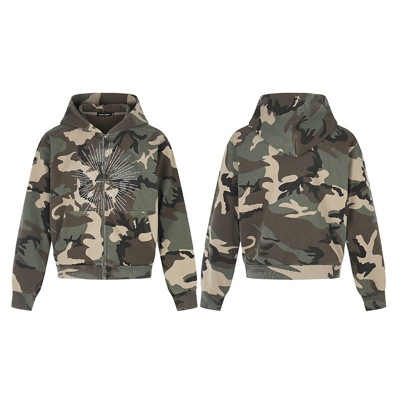 American-style Vintage-print Zip-up Cropped Hoodie - Camouflage Color / L