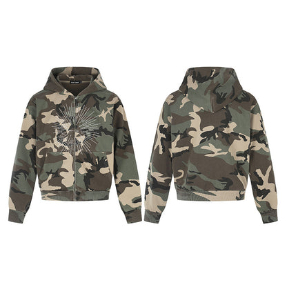 American-style Vintage-print Zip-up Cropped Hoodie - Camouflage Color / L