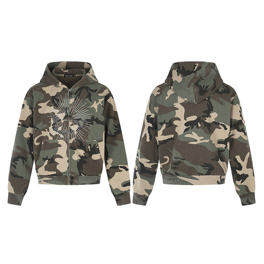 American-style Vintage-print Zip-up Cropped Hoodie - Camouflage Color / L