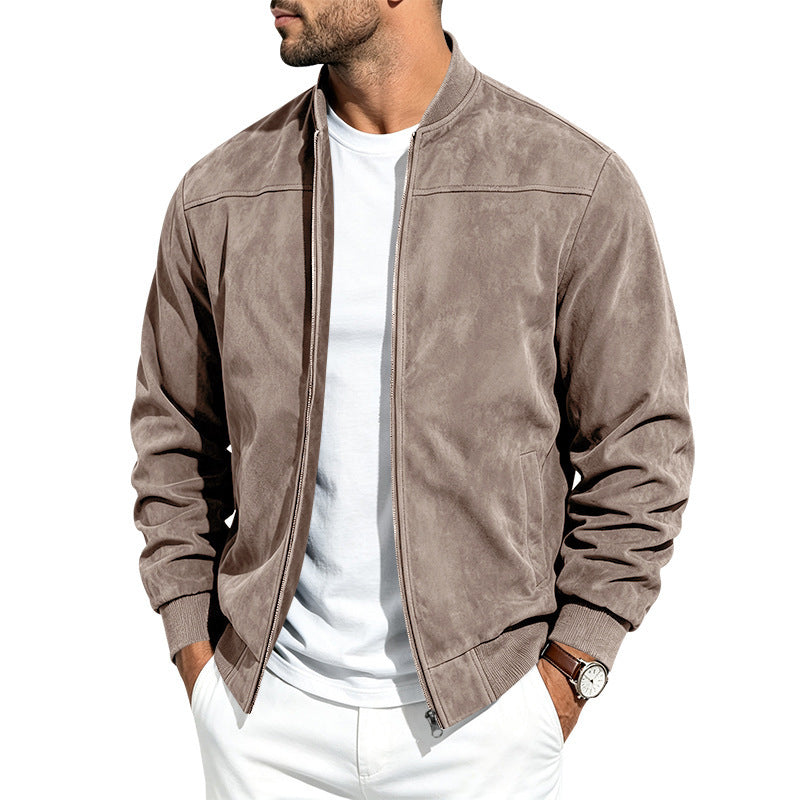 Suede Long-sleeve Zip-up Jacket - Brown / 2XL