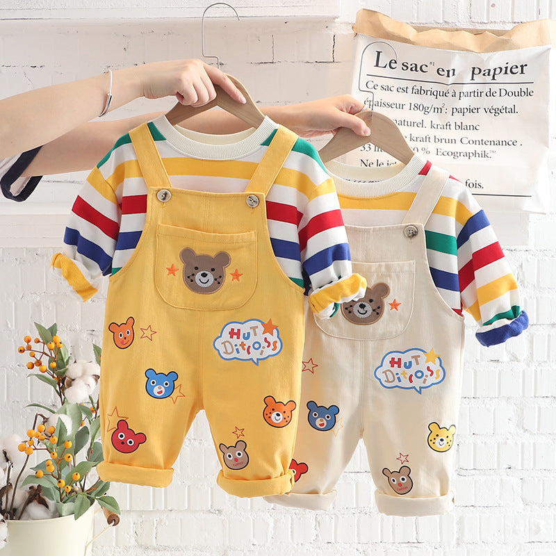 Boys' Plaid Shirt and Overalls 2-Piece Cotton Suit Set - Beige / 100cm