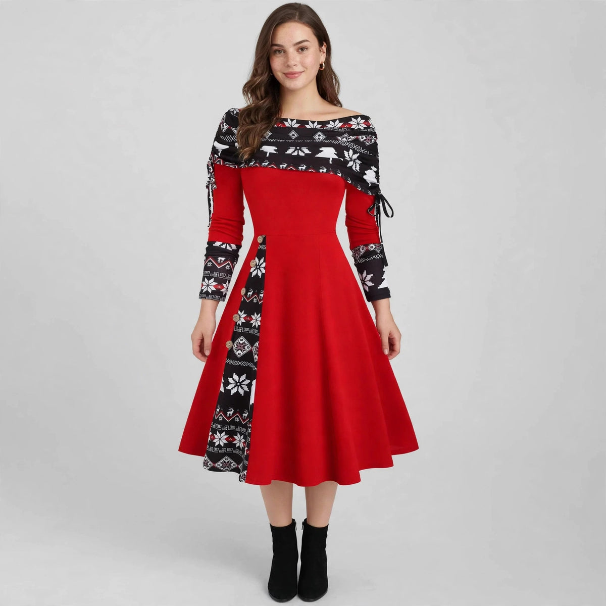 Christmas Color Printing Long Sleeve Dress