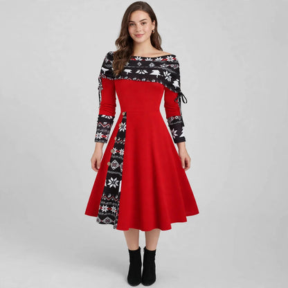 Christmas Color Printing Long Sleeve Dress