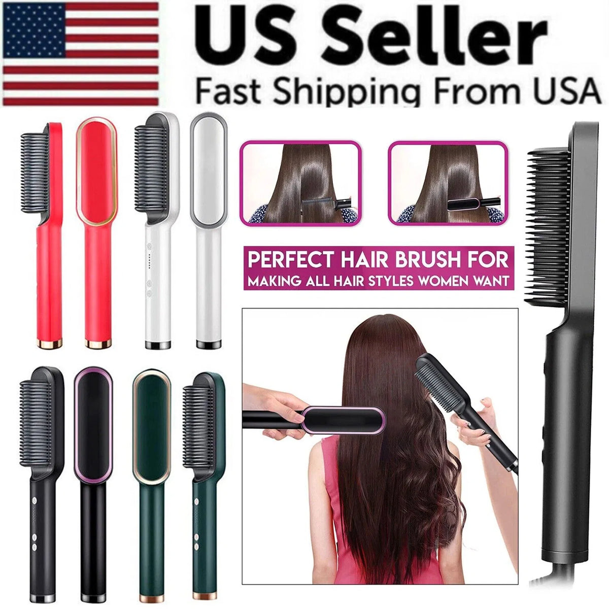 Electric Hair Straightener Brush & Hot Comb - Black