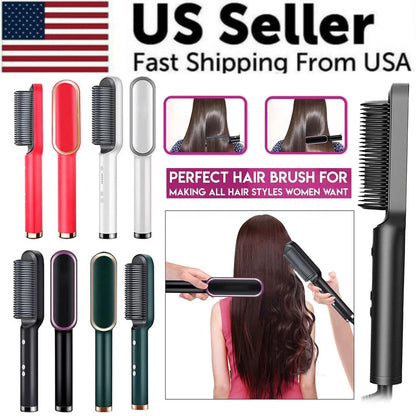 Electric Hair Straightener Brush & Hot Comb - Black