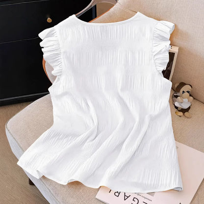 Solid-color V-neck Ruffled Short-sleeve Women T-shirt - White / 1XL
