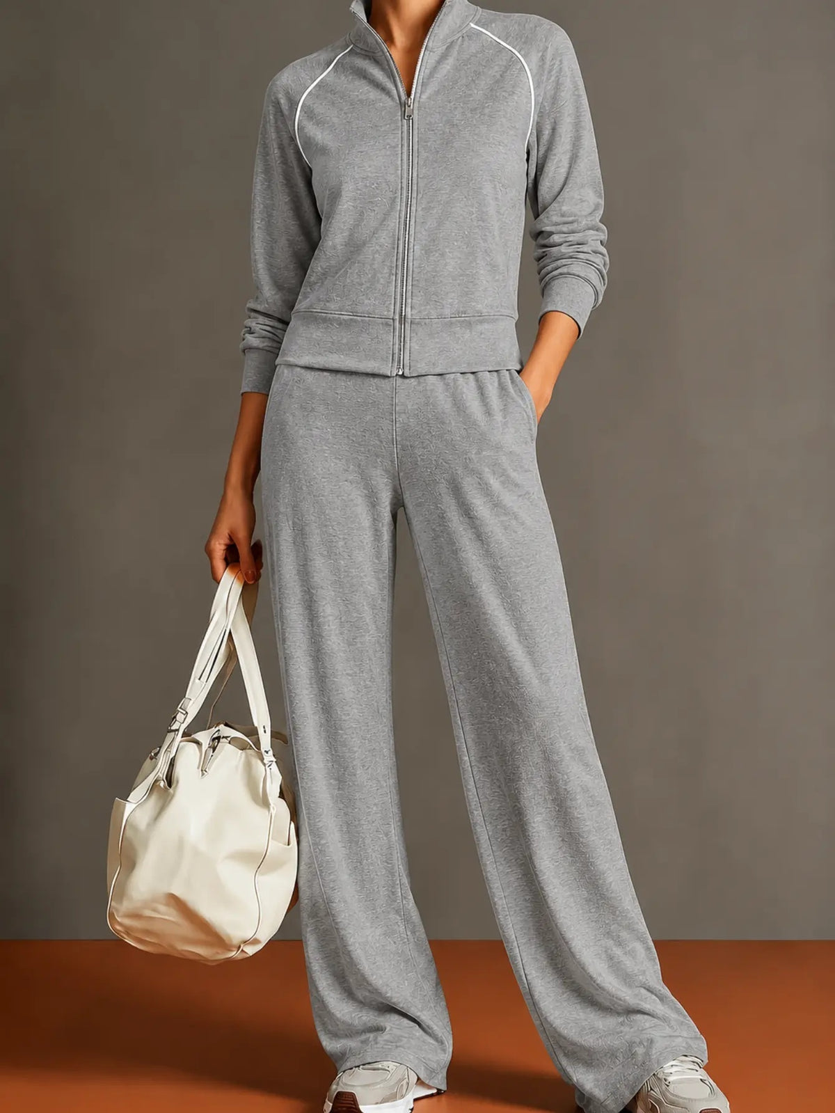 Women’s Zip-Up Lounge Set – Relaxed Fit Tracksuit - Grey / 2XL