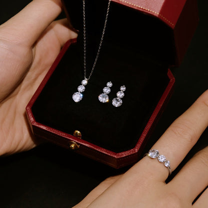 Sterling Silver Round Zircon Ring Necklace And Earring Set - DY190599 S W WH / 925 Silver