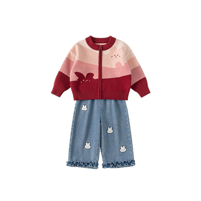 cute Cartoon Girls Sweater Jeans Set - Denim Blue CK16049 / 100