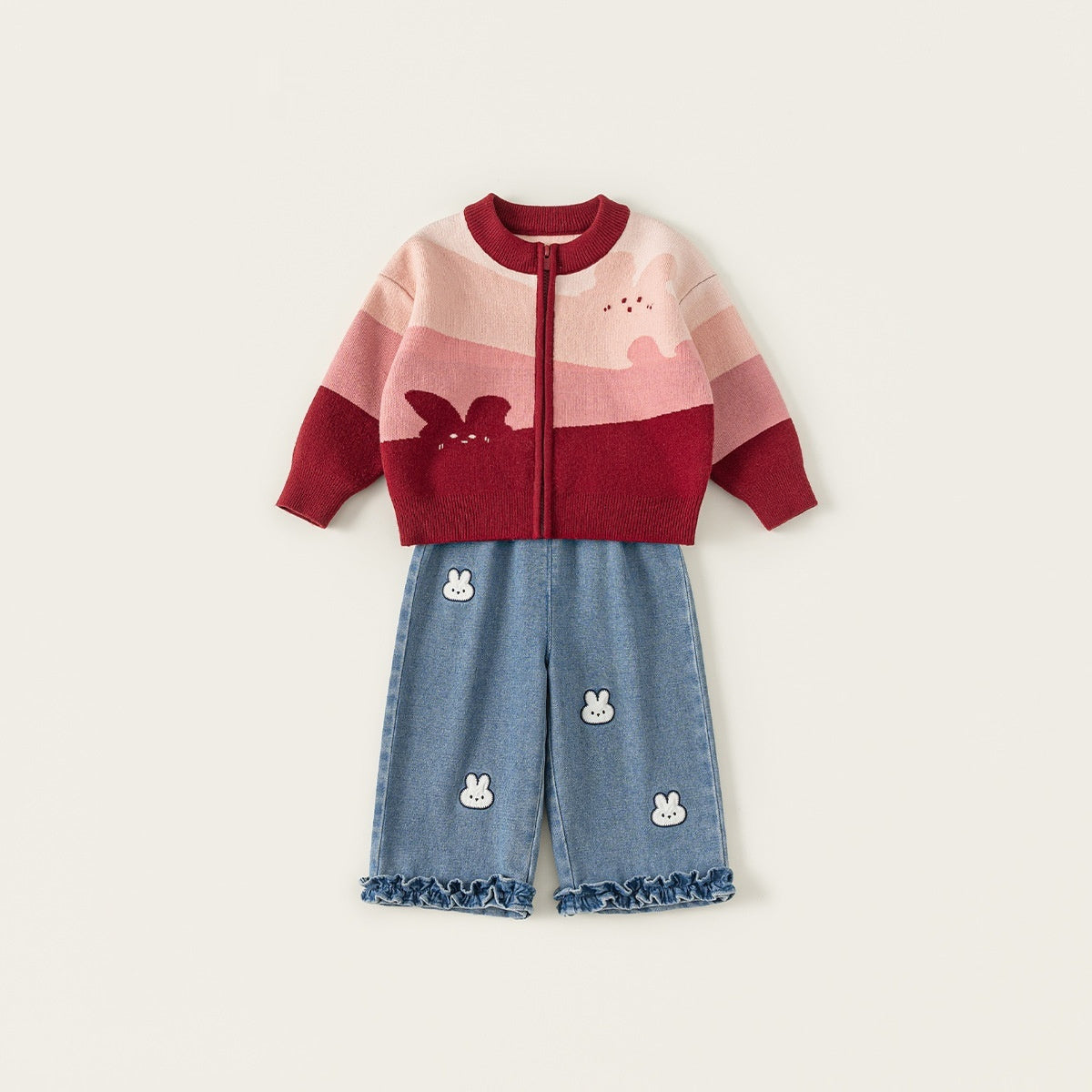 cute Cartoon Girls Sweater Jeans Set - Pink CY86060D / 80