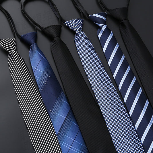 Mens Business Formal Zipper Tie With Blue Stripes - Black Rough Pattern