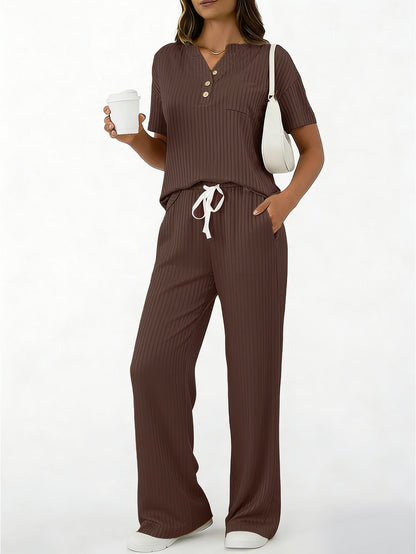 American Style Casual Ribbed Knit Two-piece Women set - Brown / L
