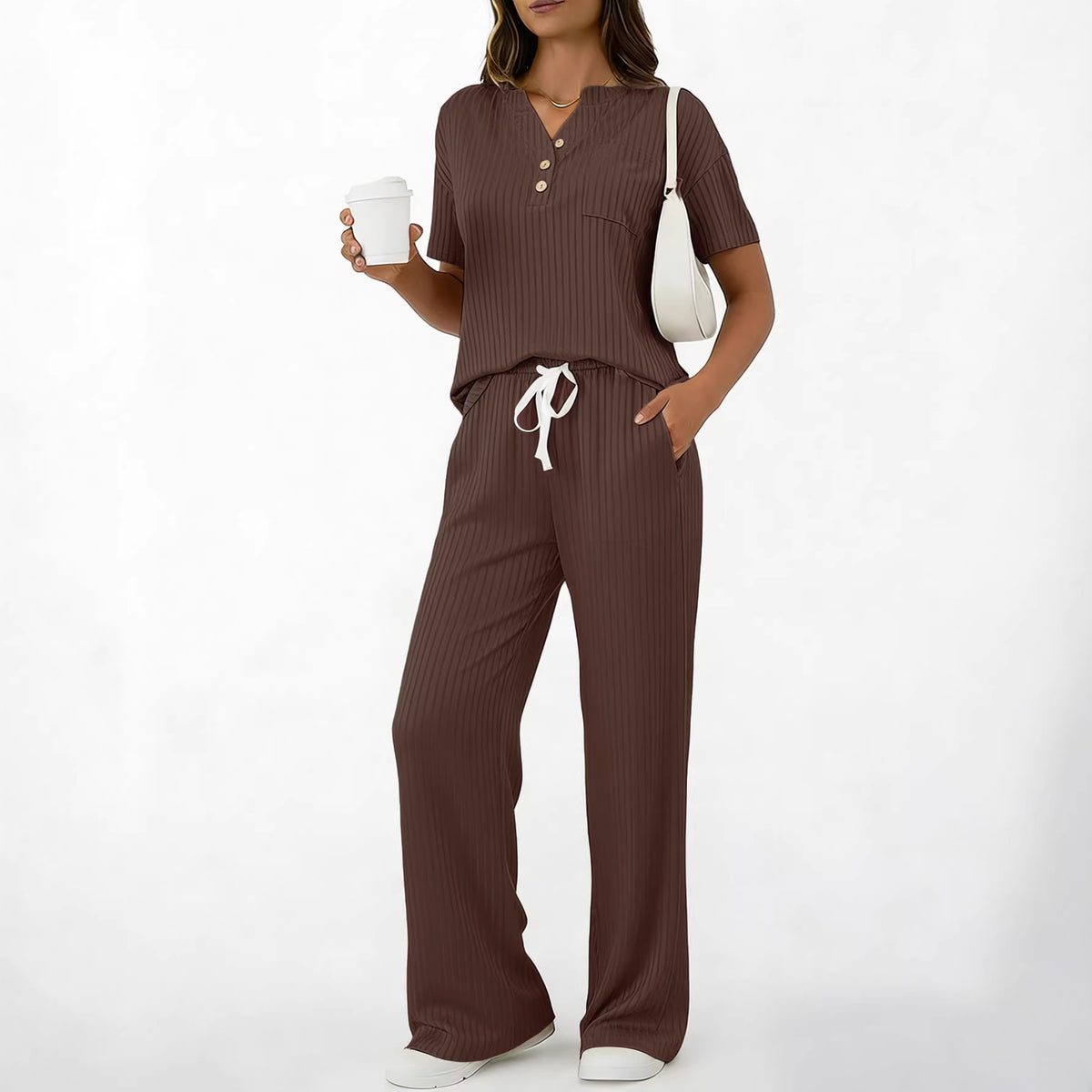 American Style Casual Ribbed Knit Two-piece Women set - Army Green / L