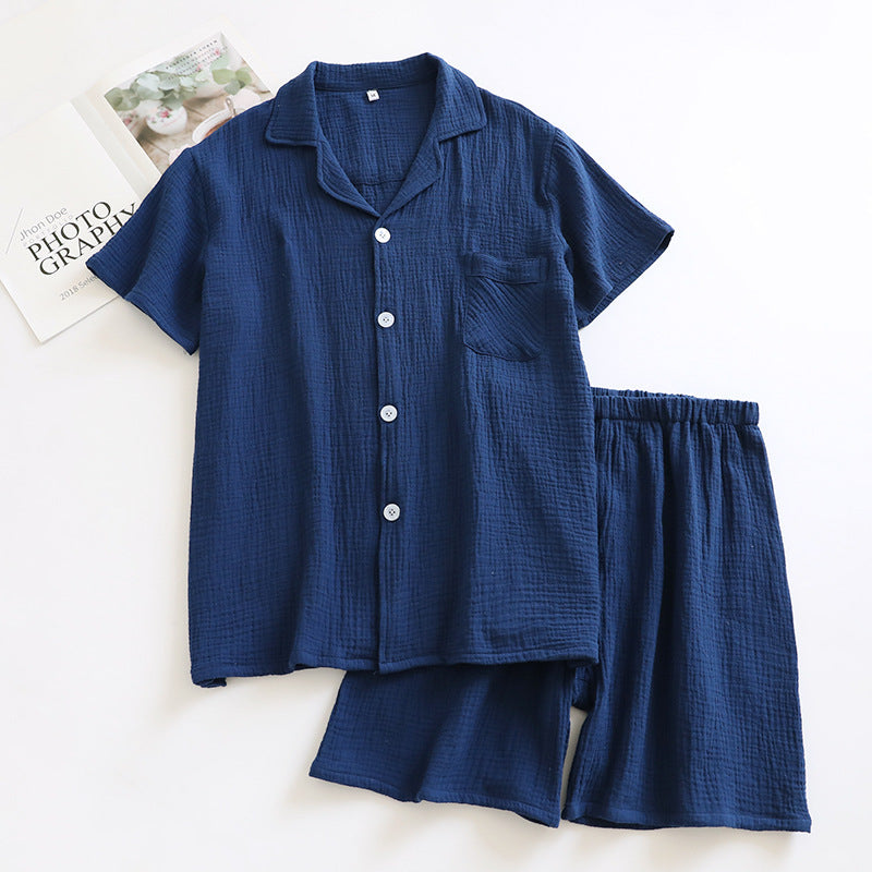Japanese Short-sleeve Pajama Set With Shorts - Navy Blue / L