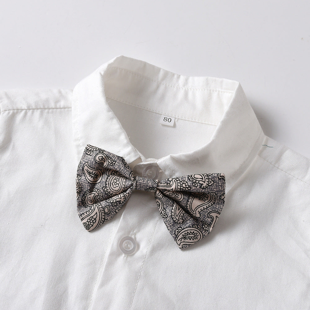 Boys' Plaid Suspender Pants Suit with Bow Tie - White / 100cm