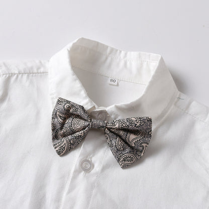 Boys' Plaid Suspender Pants Suit with Bow Tie - White / 100cm