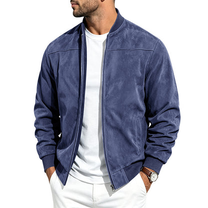 Suede Long-sleeve Zip-up Jacket - Navy Blue / 2XL