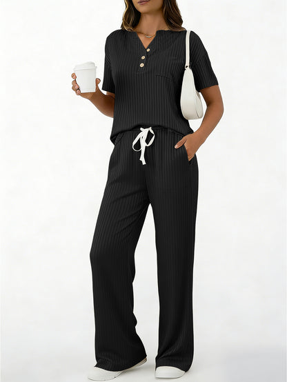 American Style Casual Ribbed Knit Two-piece Women set - Black / L