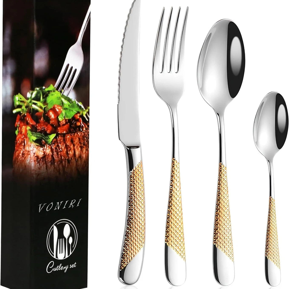 16Pcs Knife Forks & Spoons and Teaspoons Stainless Steel set - Two-Tone Finish