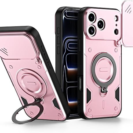 iPhone 18 Pro Max Magnetic Ring Case with Kickstand & Camera Cover - Pink