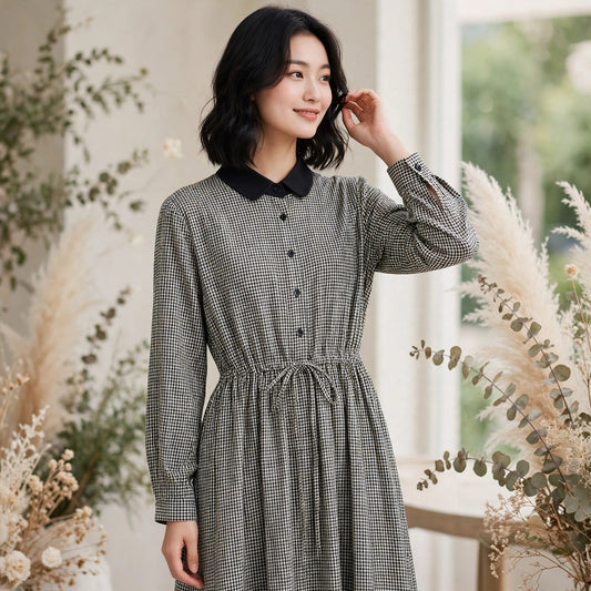 Stylish Plaid Drawstring Casual Dress