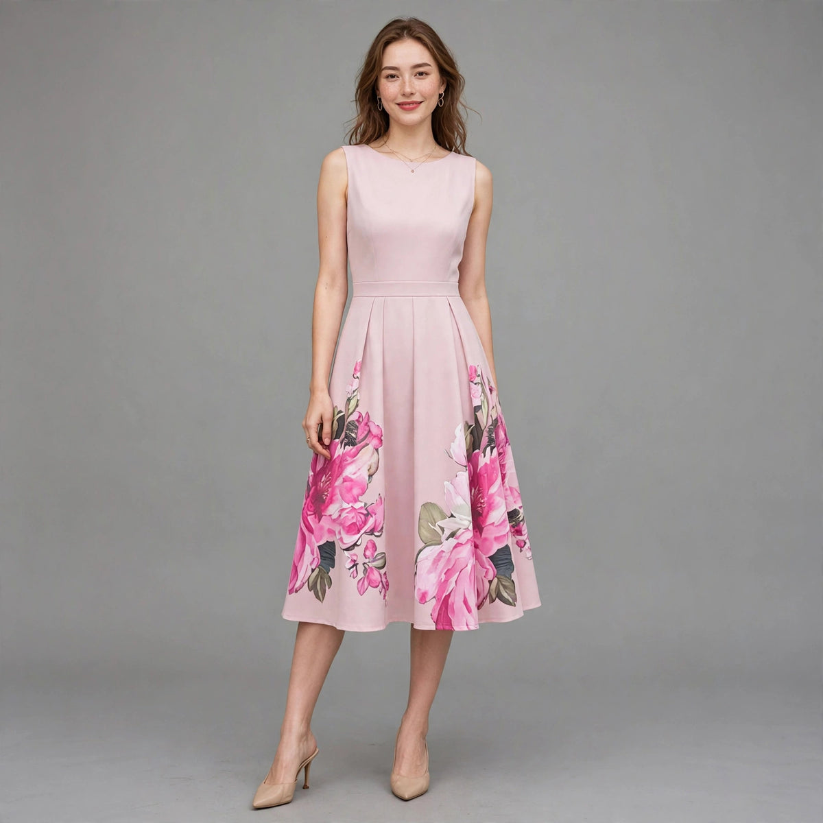 Elegant Sleeveless Floral Pleated Midi Dress