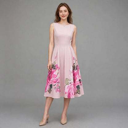Elegant Sleeveless Floral Pleated Midi Dress