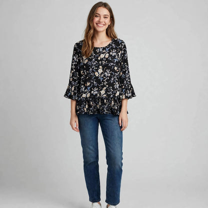 Ladies Floral Pleated Three-quarter Sleeve Shirt